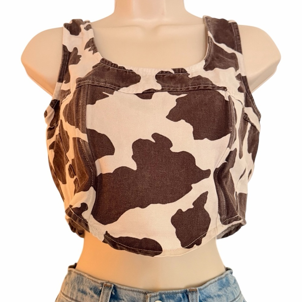 Lonestar Women’s Cropped Top Cream Brown Cow Print Western Festival Medium